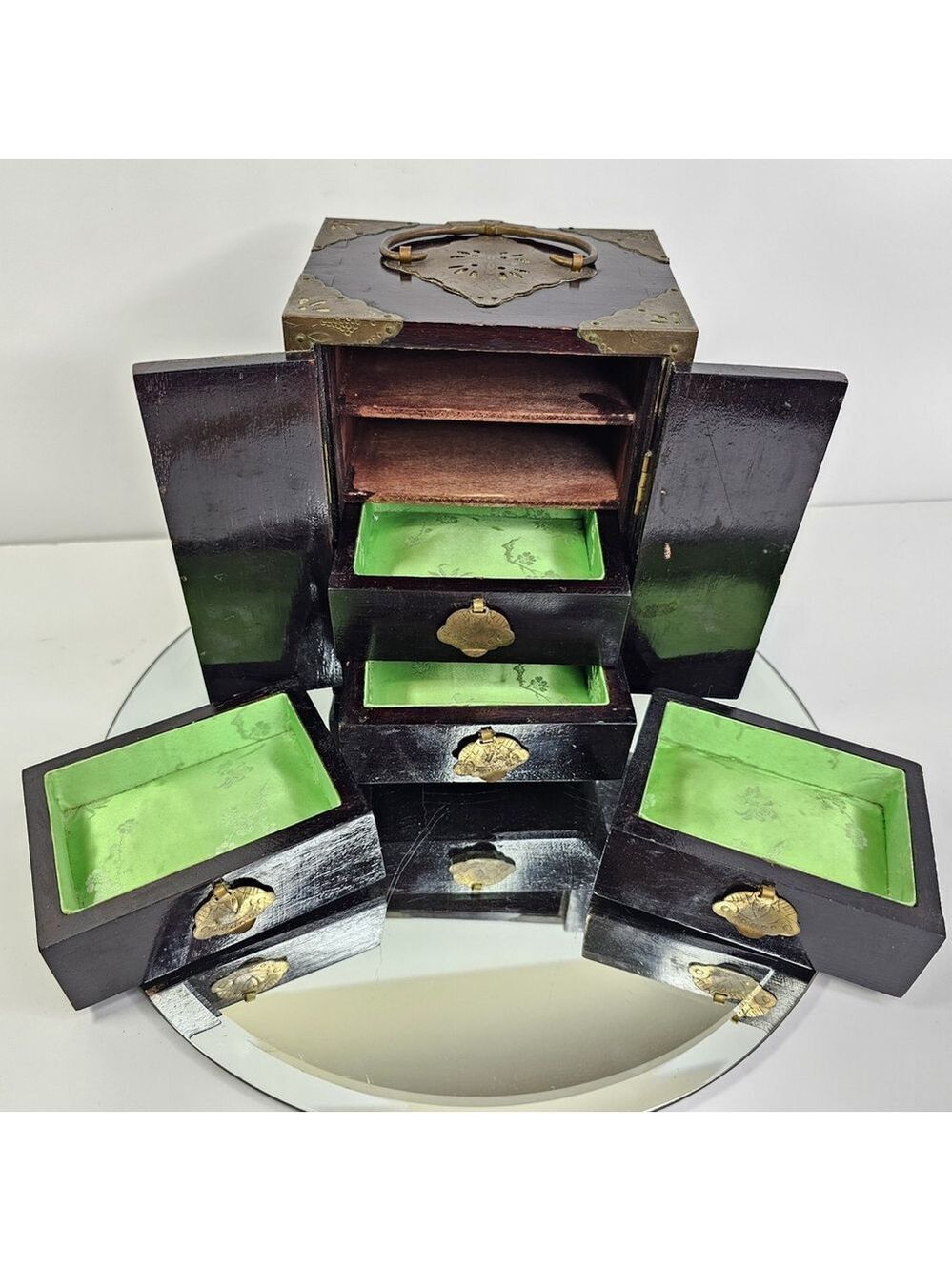 Hand Crafted Oriental Jewelry Box with Four Carved Jade Insert Unpolished Patina